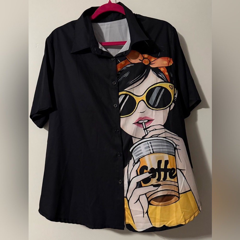 Women’s Black Graphic Button-Up Shirt with Yellow Pop Art Print